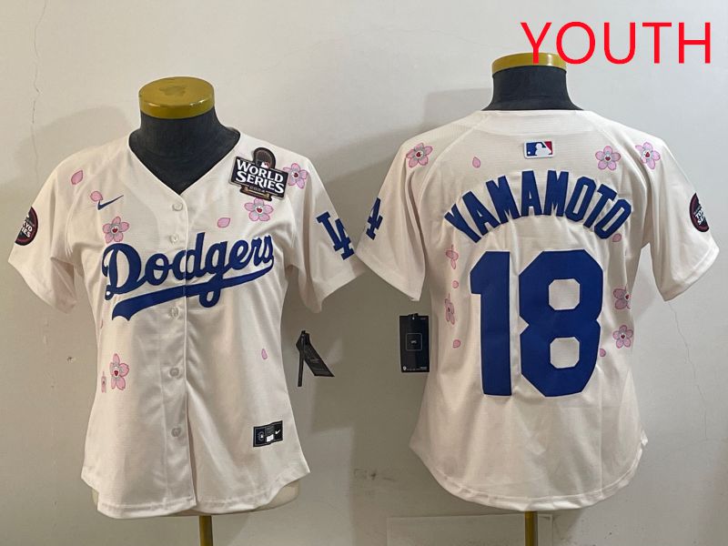 Youth Los Angeles Dodgers #18 Yamamoto Cream Sakura Edition 2025 Nike MLB Jersey style 10->youth mlb jersey->Youth Jersey